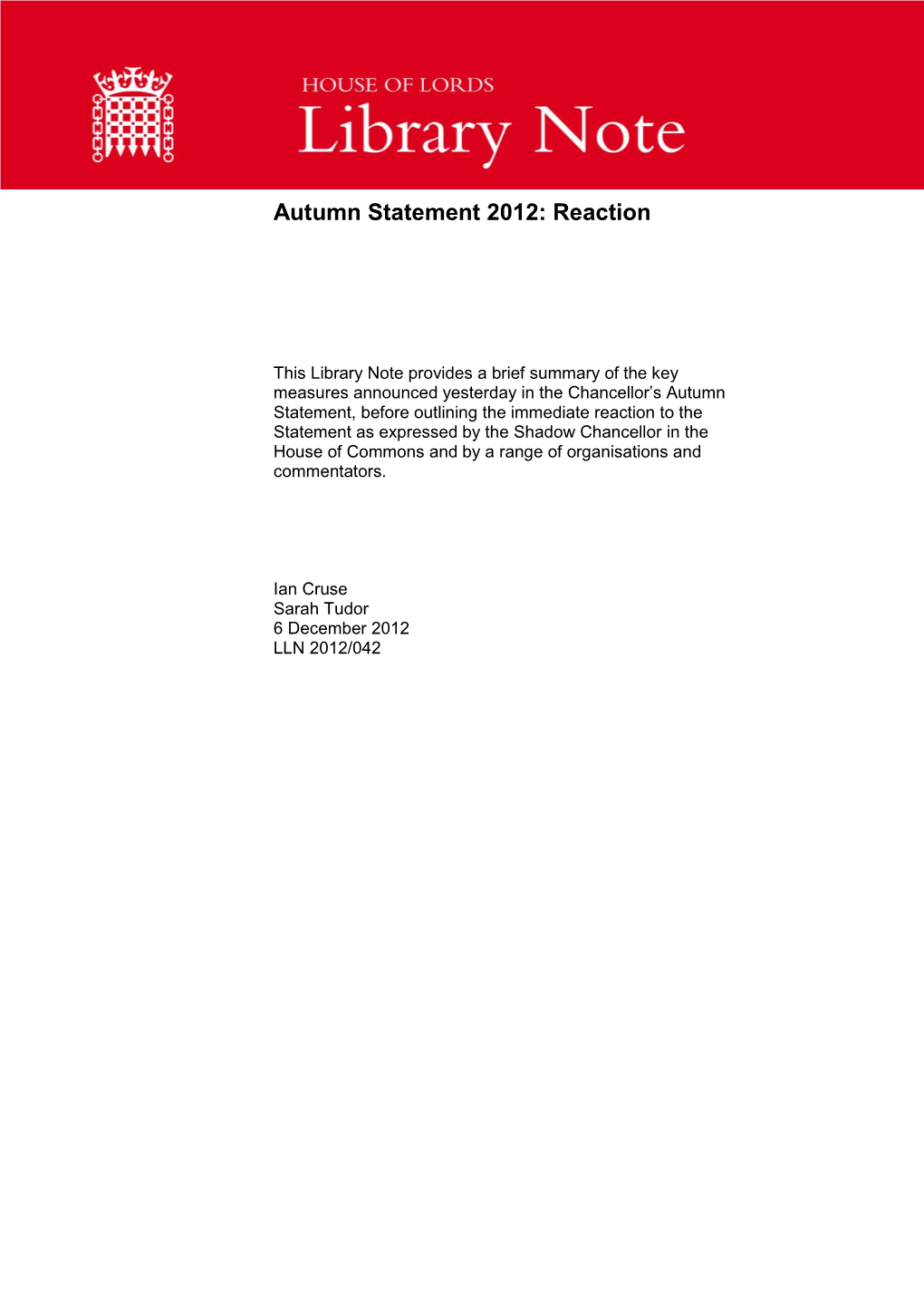 Autumn Statement 2012: Reaction