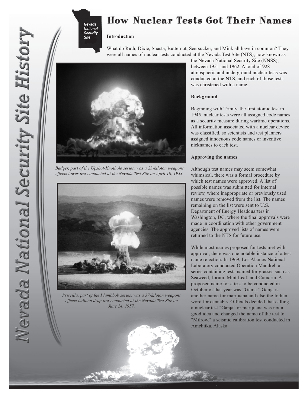 They Were All Names of Nuclear Tests Conducted at the Nevada Test Site (NTS), Now Known As the Nevada National Security Site (NNSS), Between 1951 and 1962