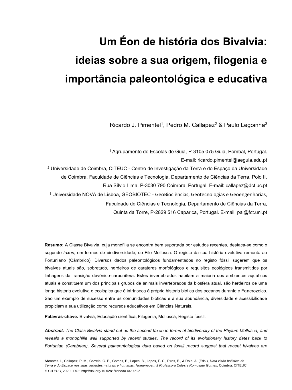 Um Éon De História Dos Bivalvia: Ideias Sobre a Sua Origem, Filogenia E Importância Paleontológica E Educativa