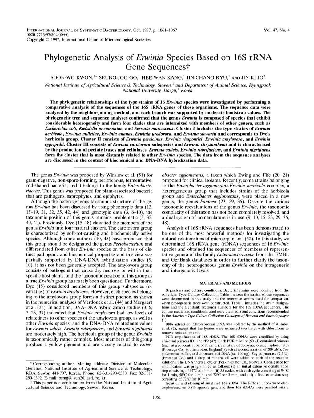 Phylogenetic Analysis of Erwinia Species Based on 16S Rrna Gene Sequences?