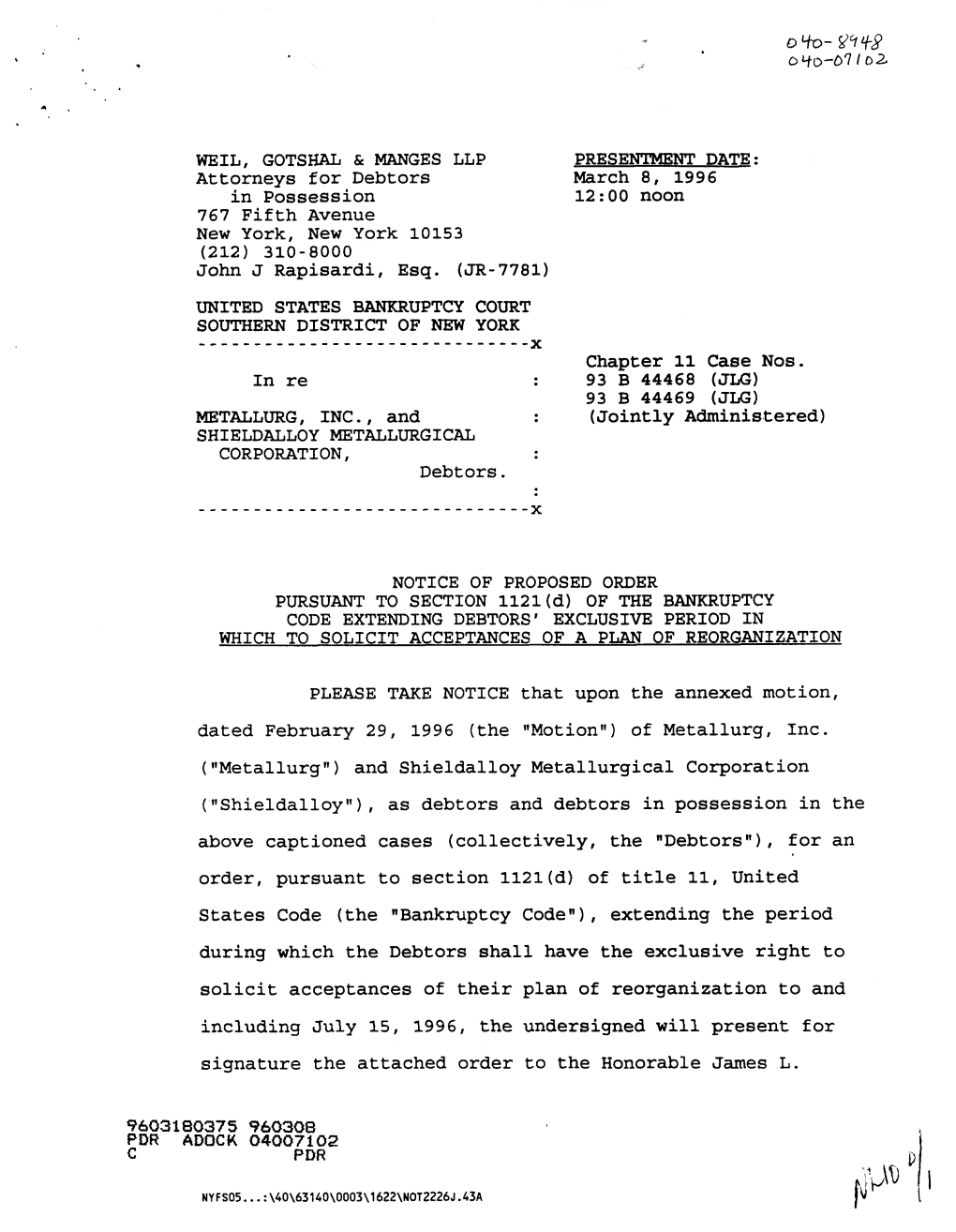 Shieldalloy Metallurgical Corporation, US Bankruptcy Court Southern