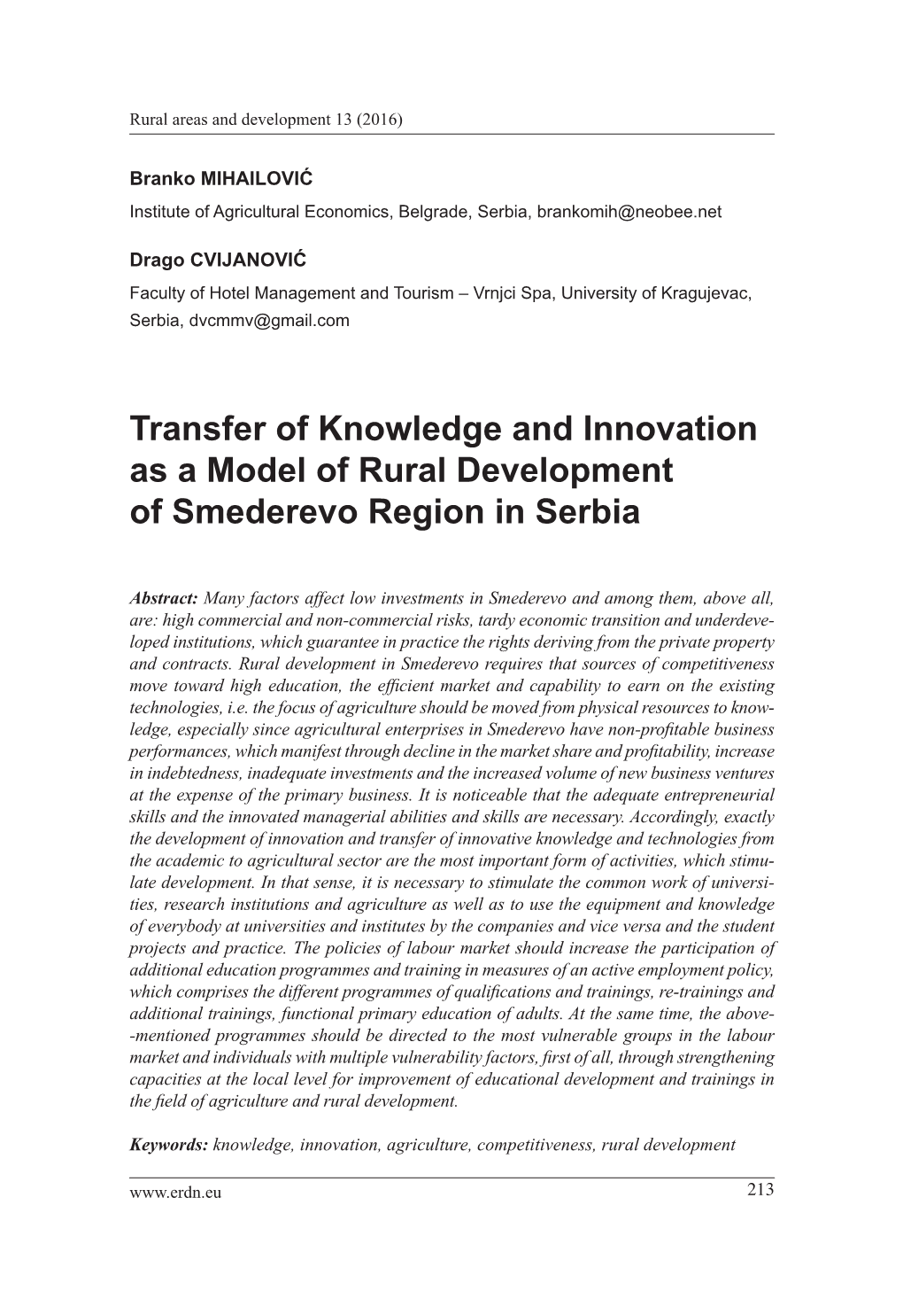 Transfer of Knowledge and Innovation As a Model of Rural Development of Smederevo Region in Serbia