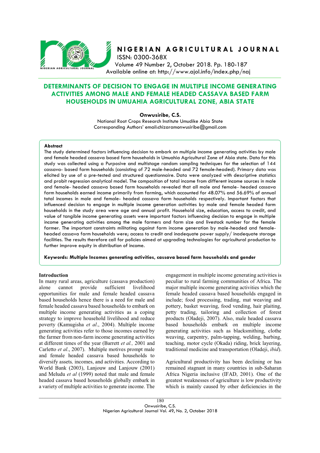 NIGERIAN AGRICULTURAL JOURNAL ISSN: 0300-368X Volume 49 Number 2, October 2018