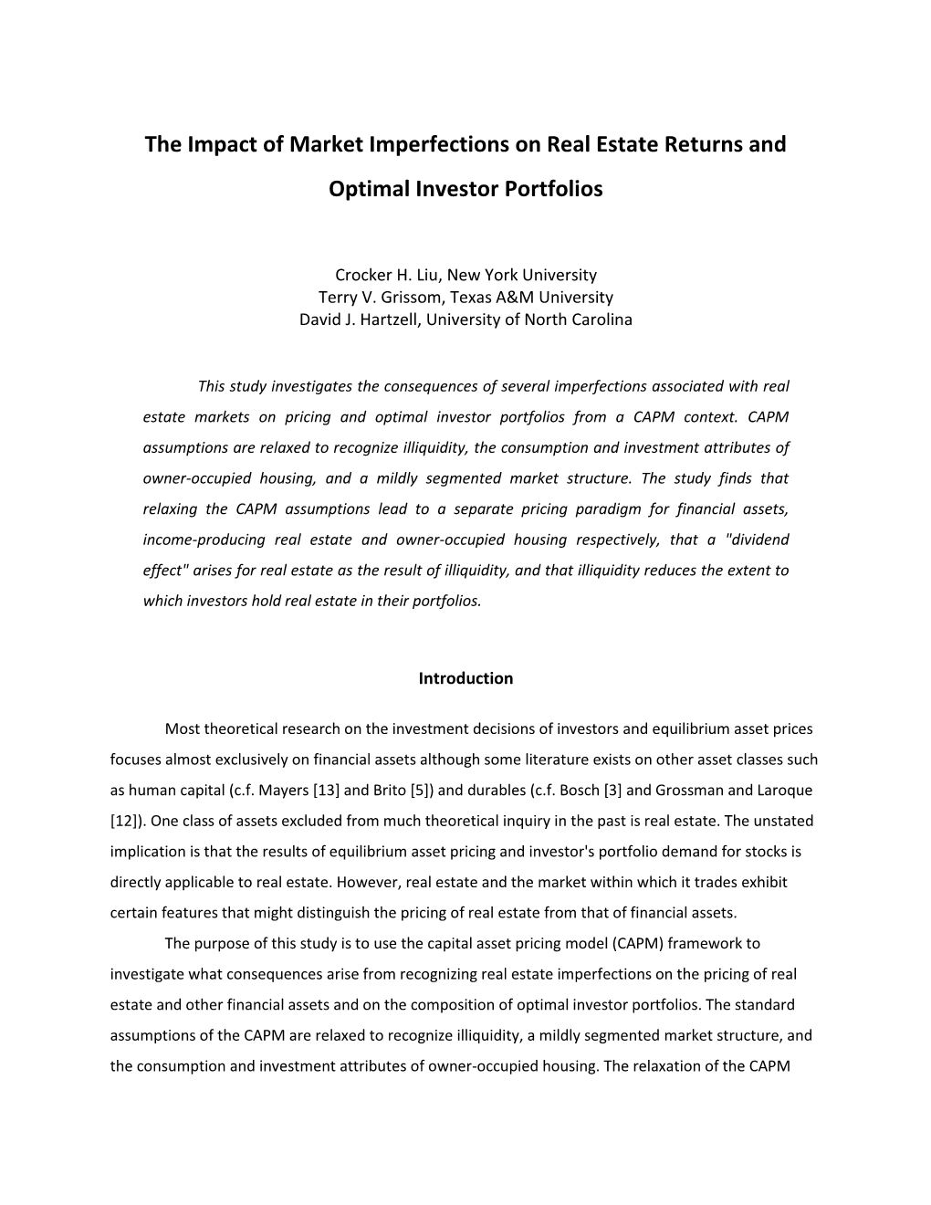 The Impact of Market Imperfections on Real Estate Returns and Optimal Investor Portfolios