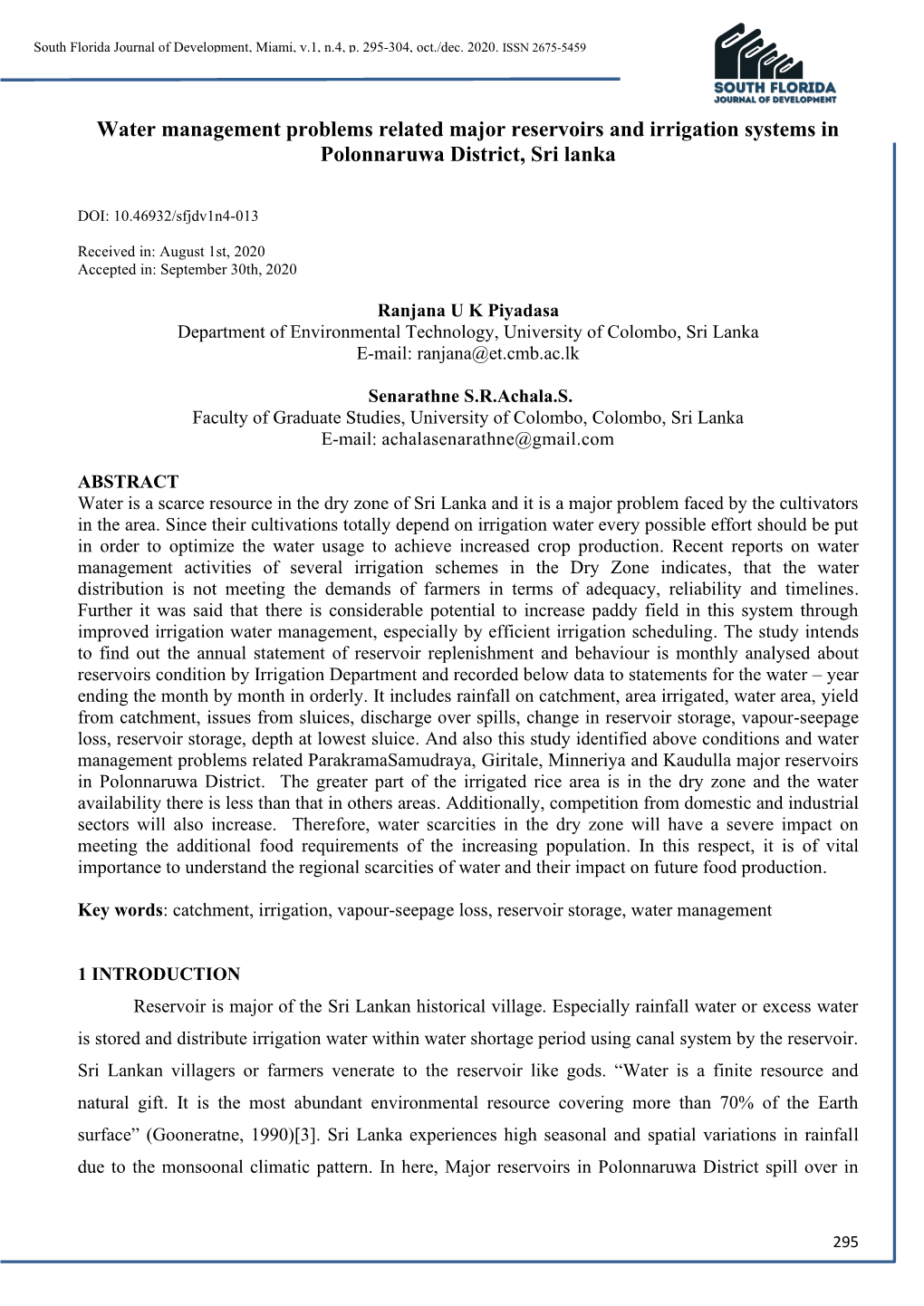 Water Management Problems Related Major Reservoirs and Irrigation Systems in Polonnaruwa District, Sri Lanka