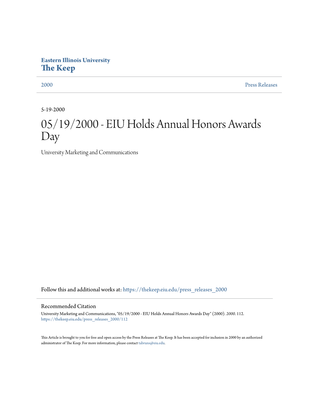 05/19/2000 - EIU Holds Annual Honors Awards Day University Marketing and Communications