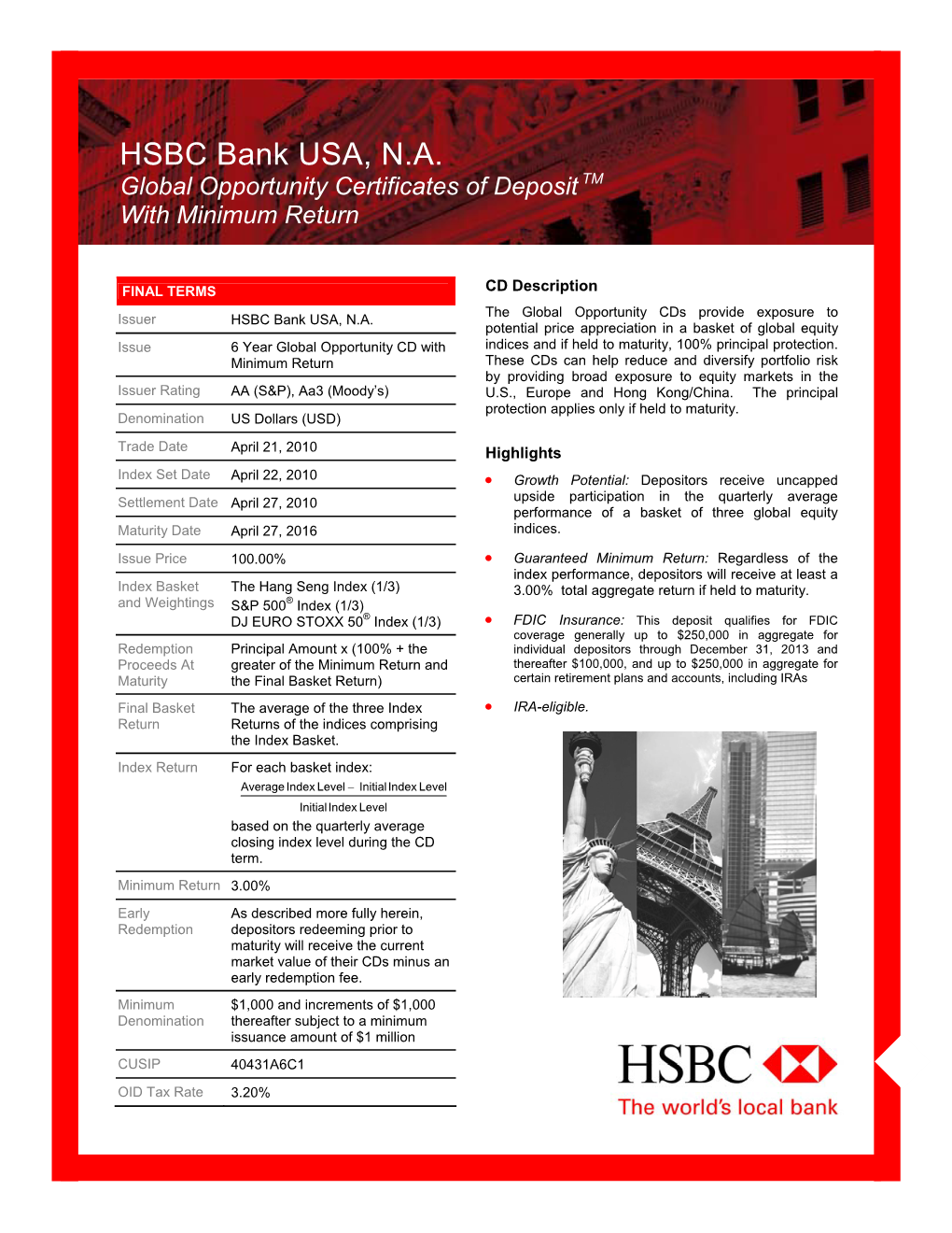 HSBC Bank USA, N.A. Global Opportunity Certificates of Deposit TM with Minimum Return