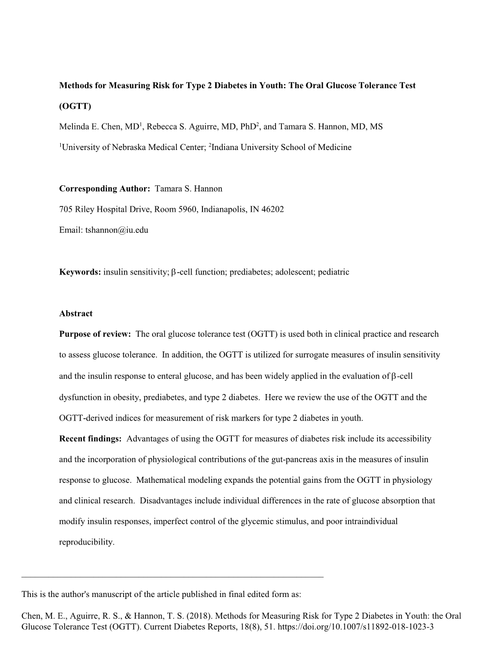 Methods for Measuring Risk for Type 2 Diabetes in Youth: the Oral Glucose Tolerance Test