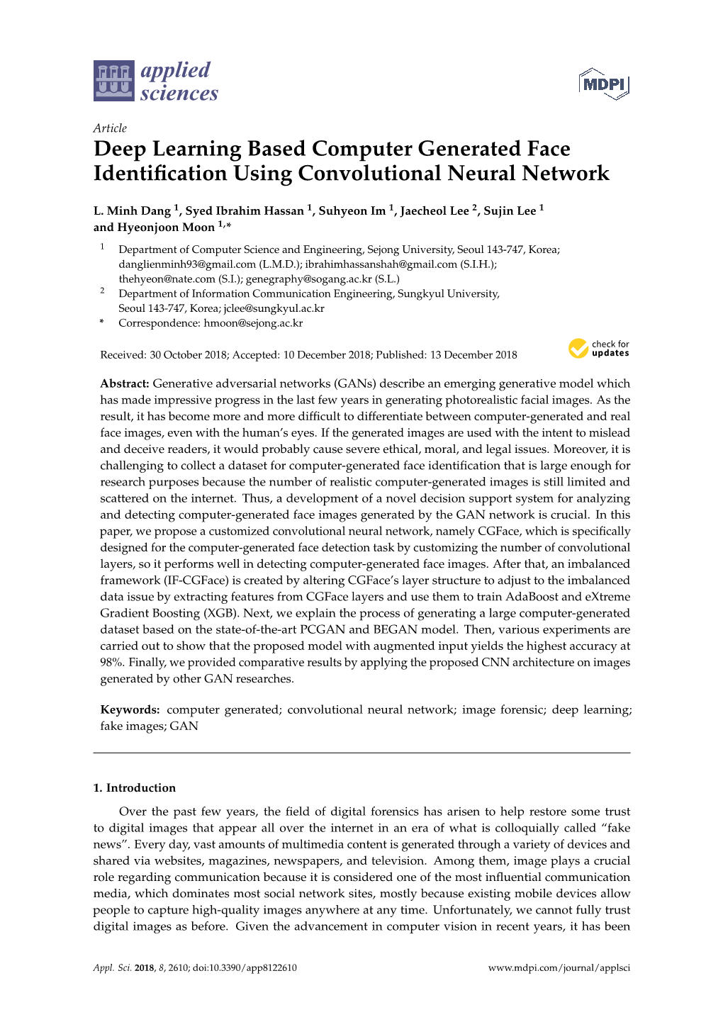 Deep Learning Based Computer Generated Face Identification Using