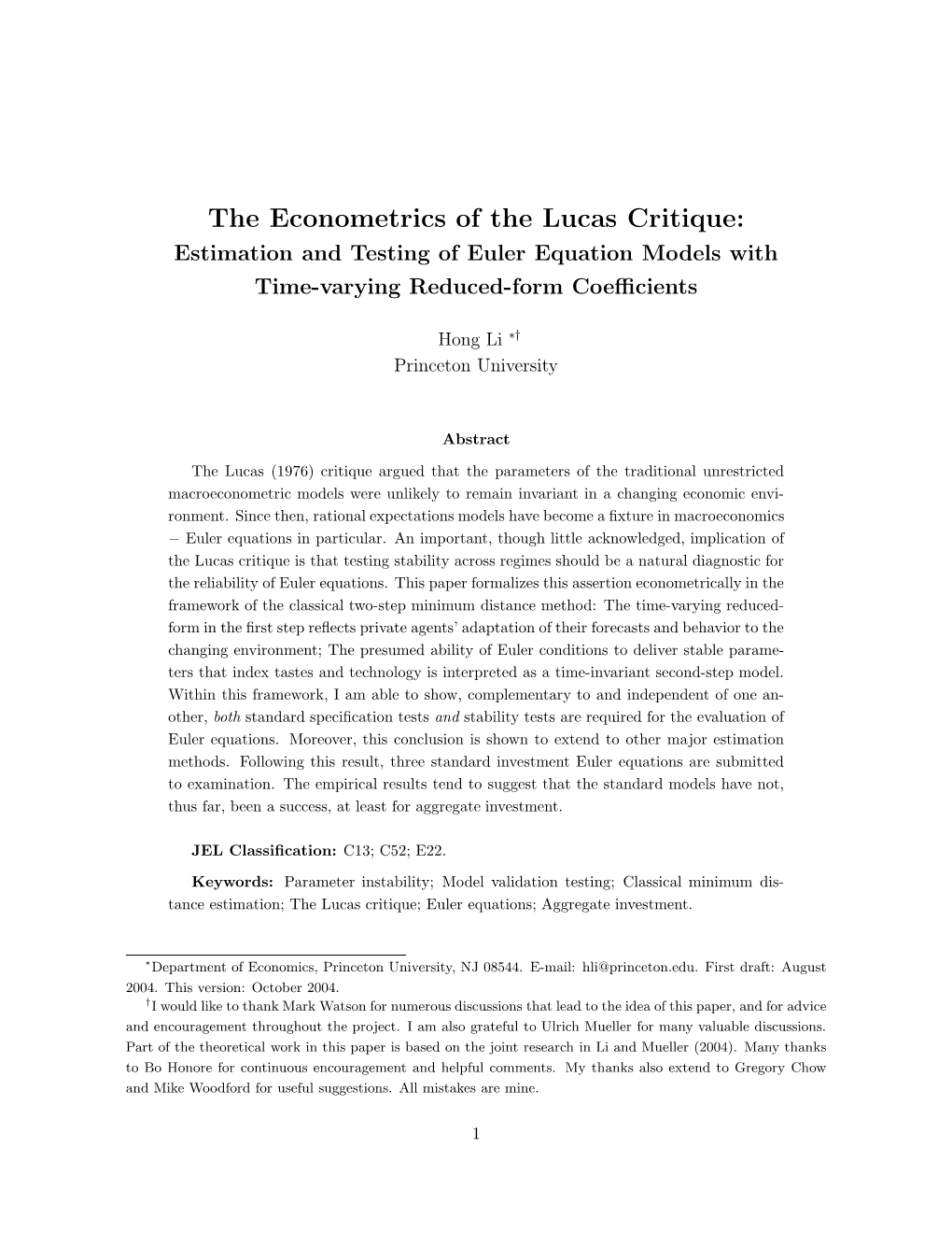 The Econometrics of the Lucas Critique: Estimation and Testing of Euler Equation Models with Time-Varying Reduced-Form Coeﬃcients