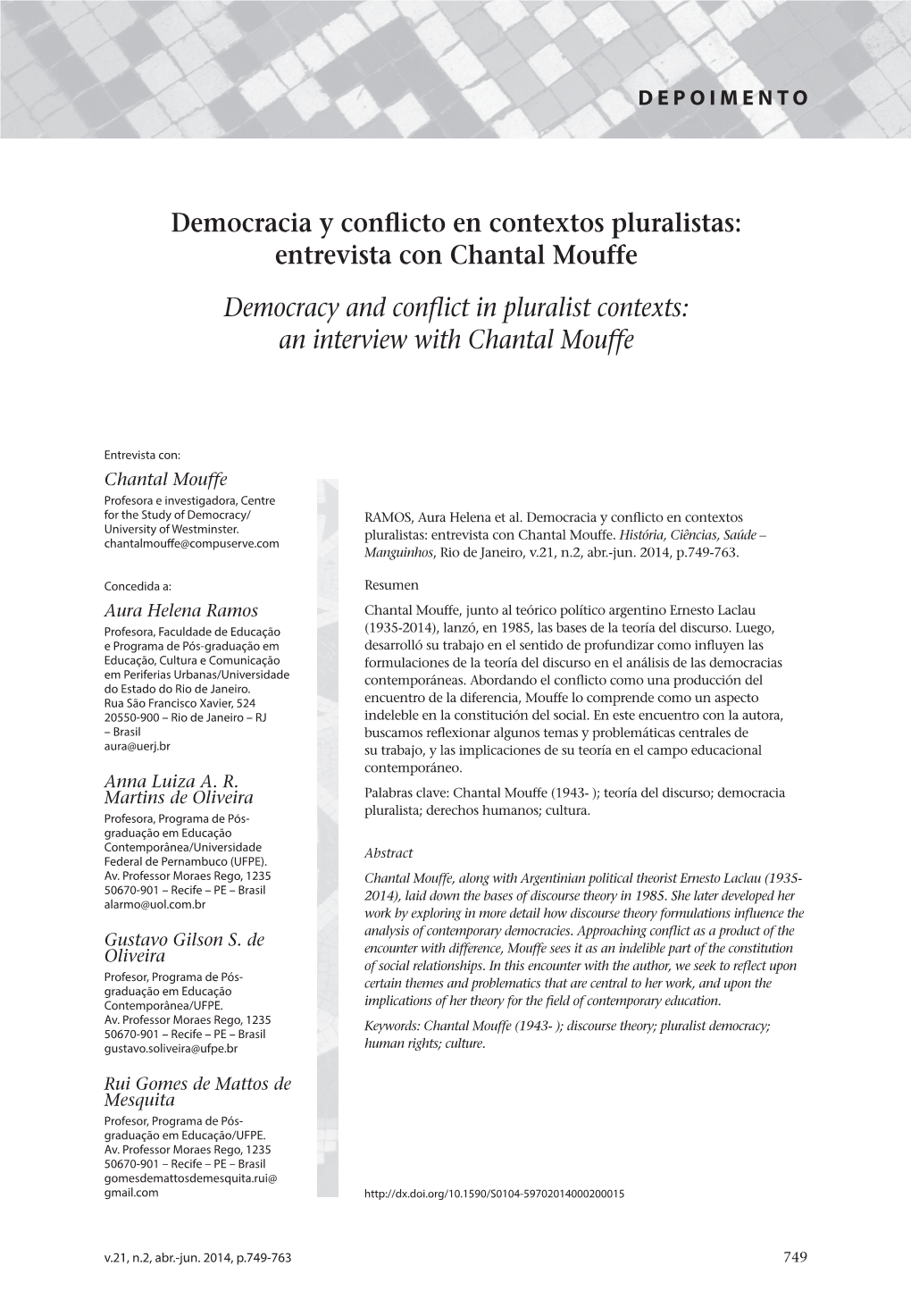 Democracia Y Conflicto En Contextos Pluralistas DEPOIMENTO