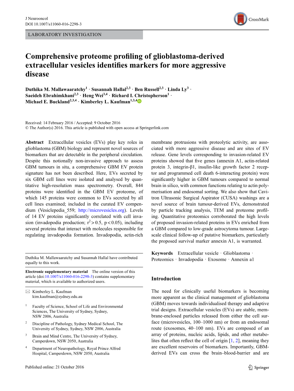 ﻿Comprehensive Proteome Profiling of Glioblastoma-Derived Extracellular Vesicles Identifies Markers for More Aggressive Diseas