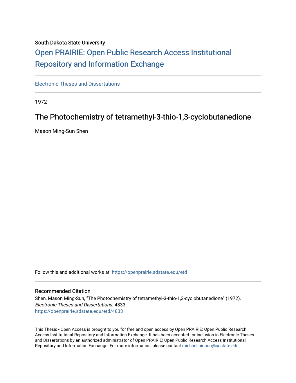 The Photochemistry of Tetramethyl-3-Thio-1,3-Cyclobutanedione