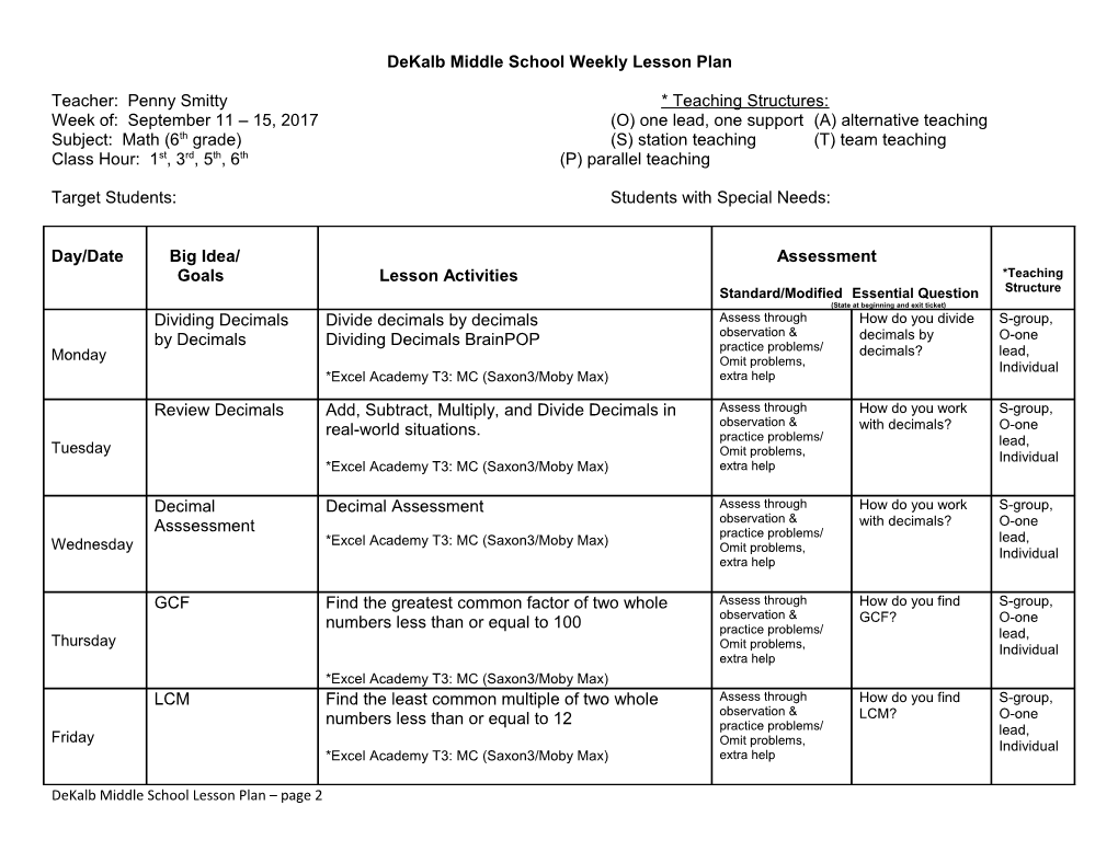 Dekalb Middle School Weekly Lesson Plan