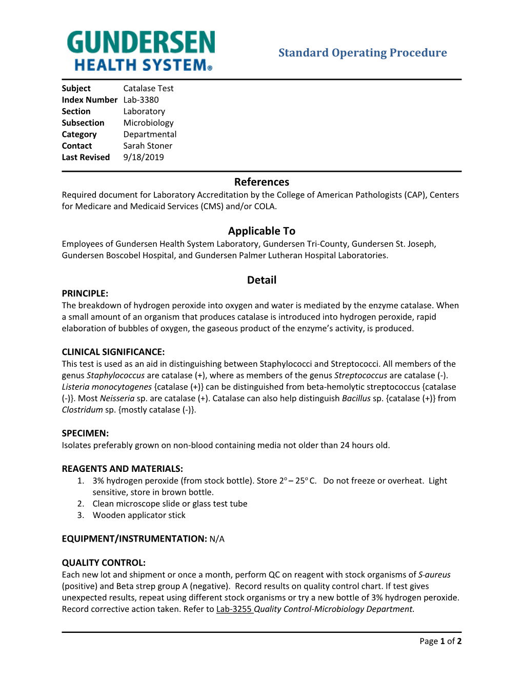 Catalase Test: Lab-3380