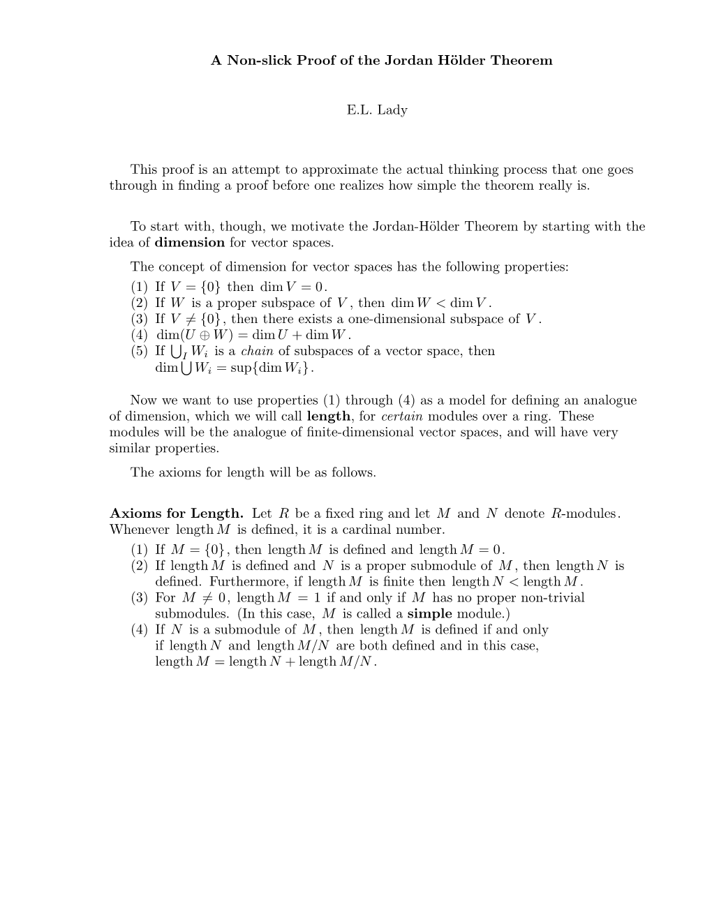 A Non-Slick Proof of the Jordan Hölder Theorem E.L. Lady This Proof Is An