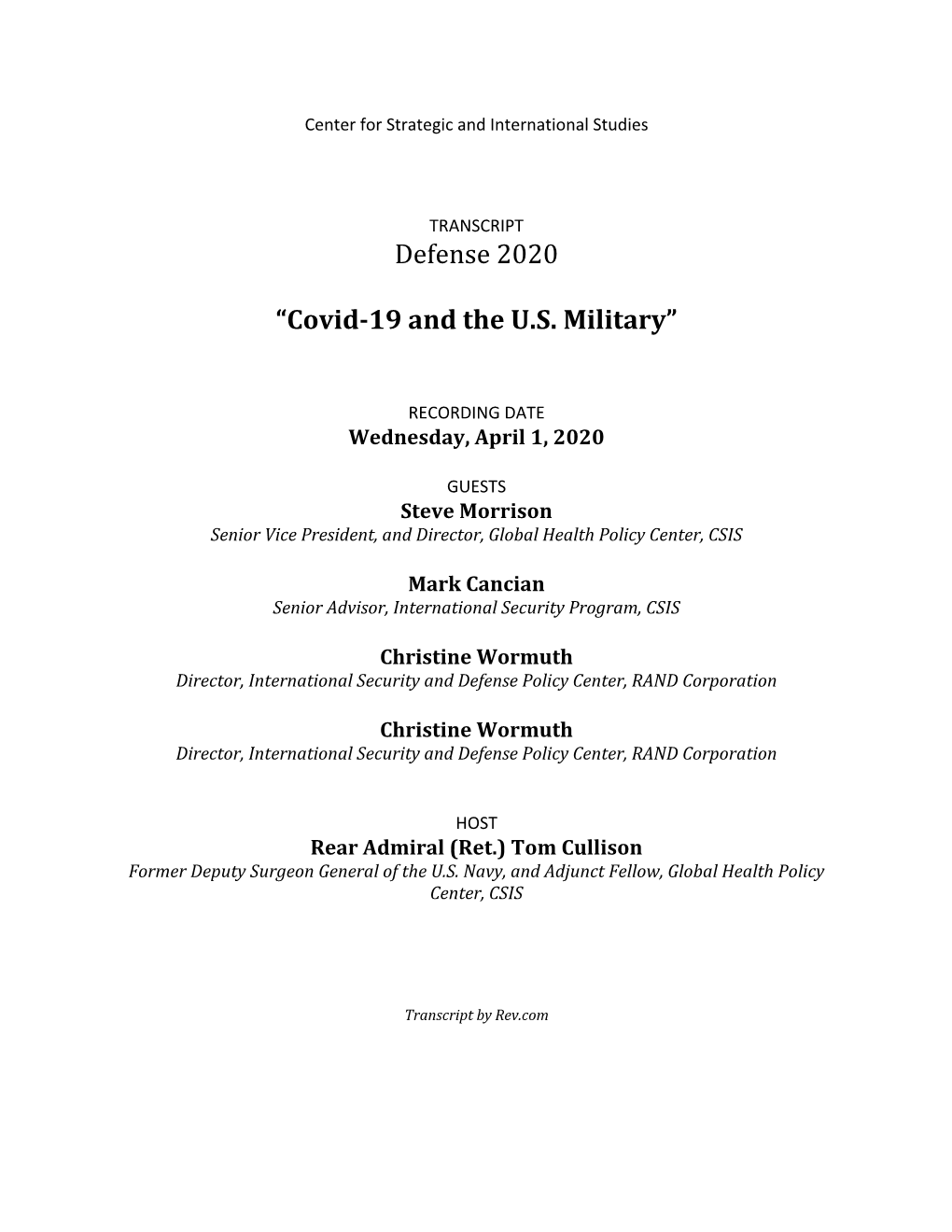 Defense 2020 “Covid-19 and the U.S. Military”