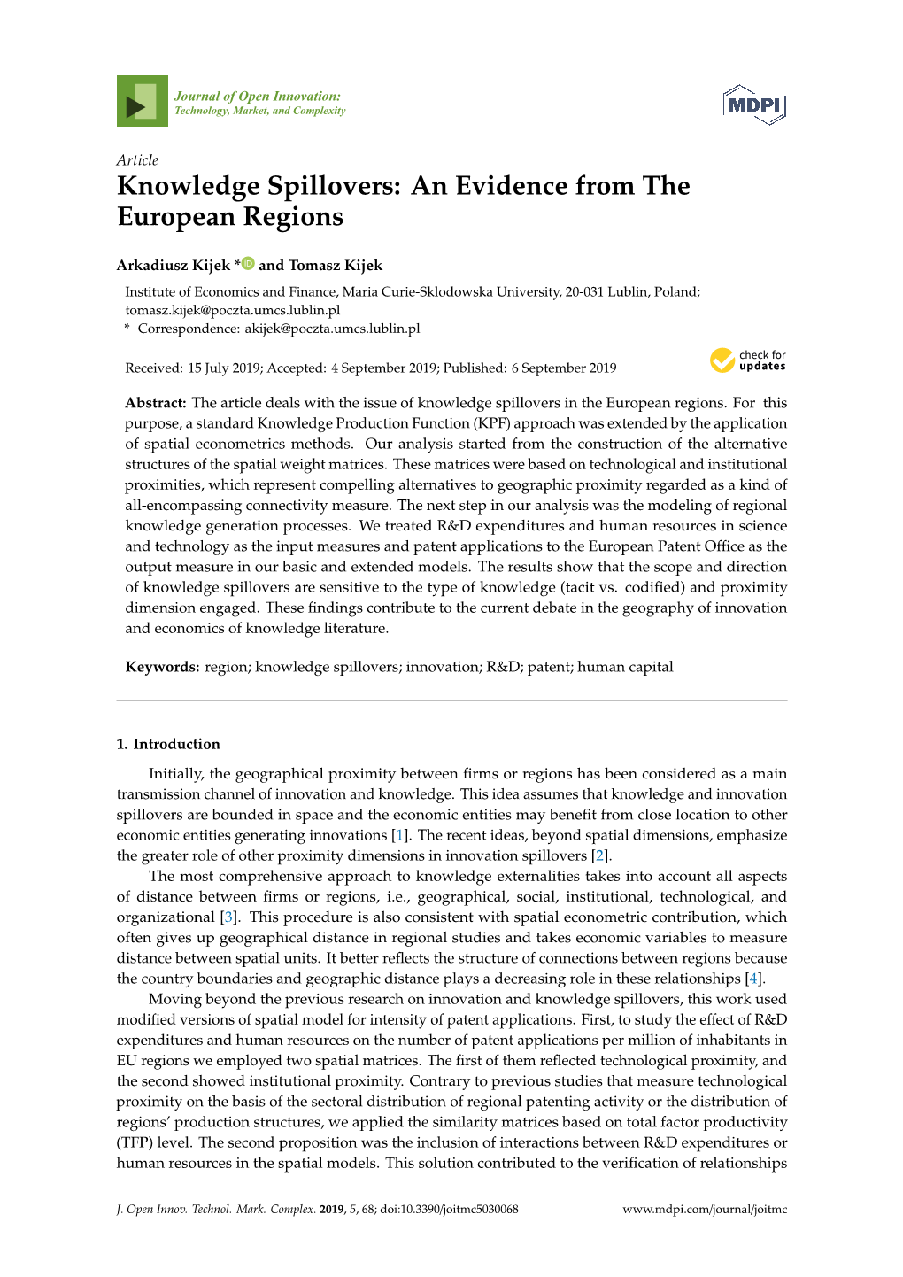 Knowledge Spillovers: an Evidence from the European Regions