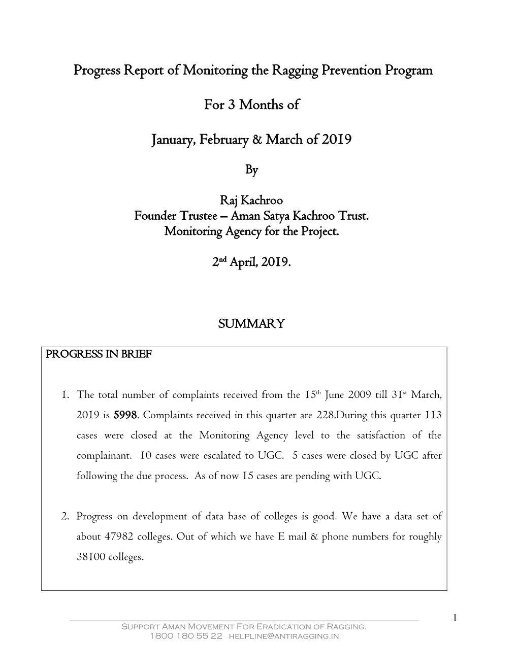 Progress Report of Monitoring the Ragging Prevention Program for 3