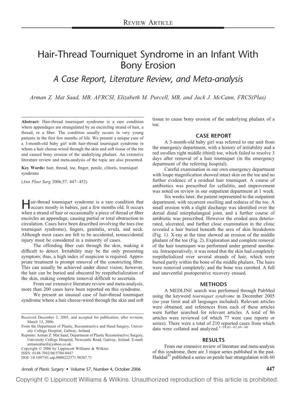 Hair-Thread Tourniquet Syndrome in an Infant with Bony Erosion a Case Report, Literature Review, and Meta-Analysis