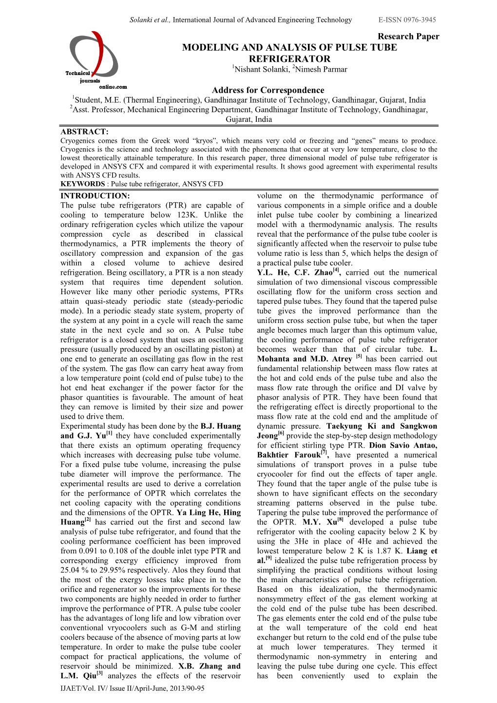 MODELING and ANALYSIS of PULSE TUBE REFRIGERATOR 1Nishant Solanki, 2Nimesh Parmar