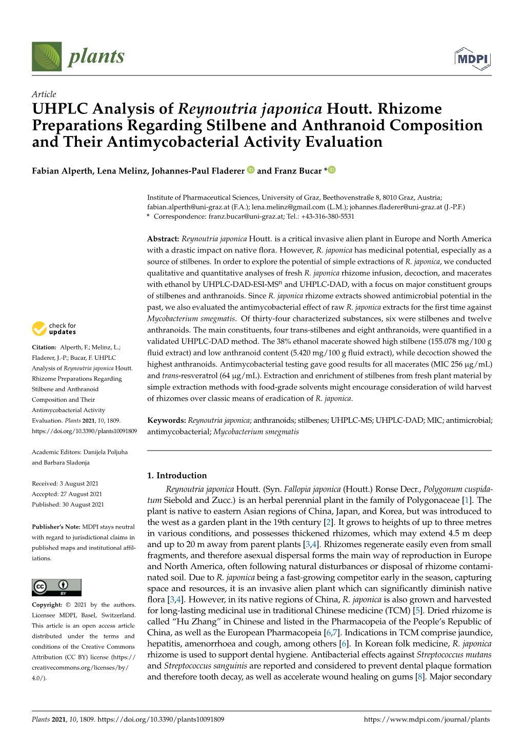 UHPLC Analysis of Reynoutria Japonica Houtt. Rhizome Preparations Regarding Stilbene and Anthranoid Composition and Their Antimycobacterial Activity Evaluation