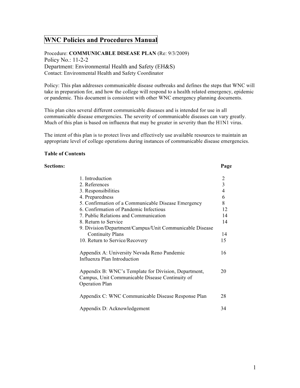 Policy 11-2-2 Communicable Disease Plan