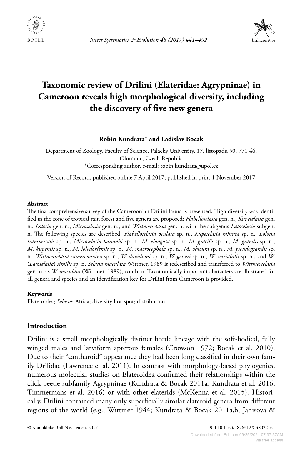 Taxonomic Review of Drilini (Elateridae: Agrypninae) in Cameroon Reveals High Morphological Diversity, Including the Discovery of Five New Genera