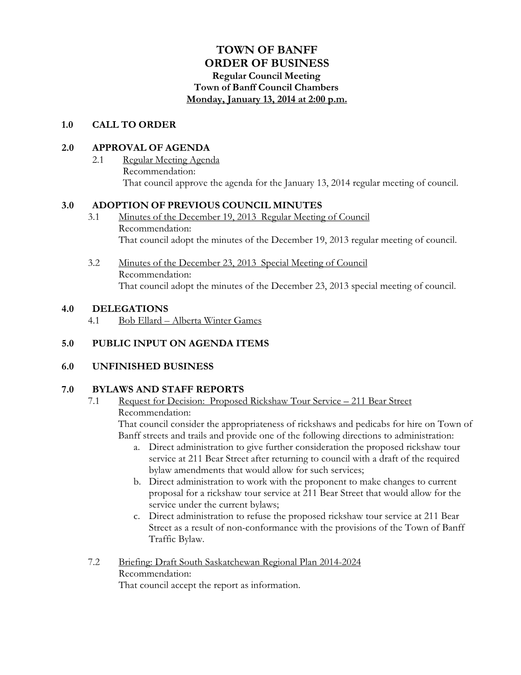 Council Agenda for January 13, 2014