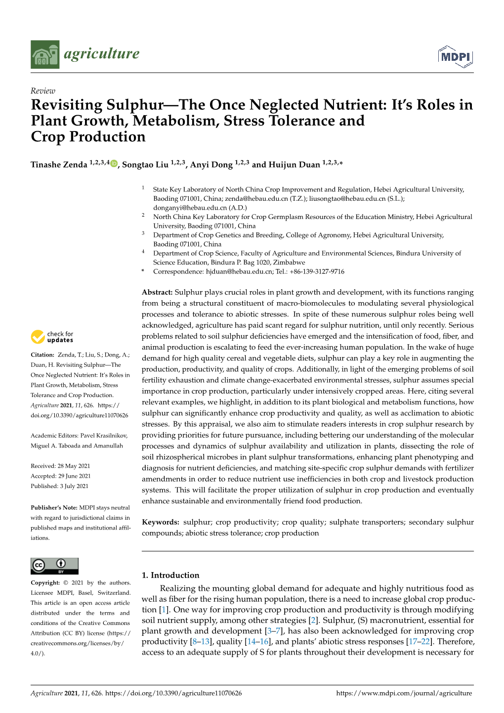 Revisiting Sulphur—The Once Neglected Nutrient: It's Roles in Plant Growth, Metabolism, Stress Tolerance and Crop Production