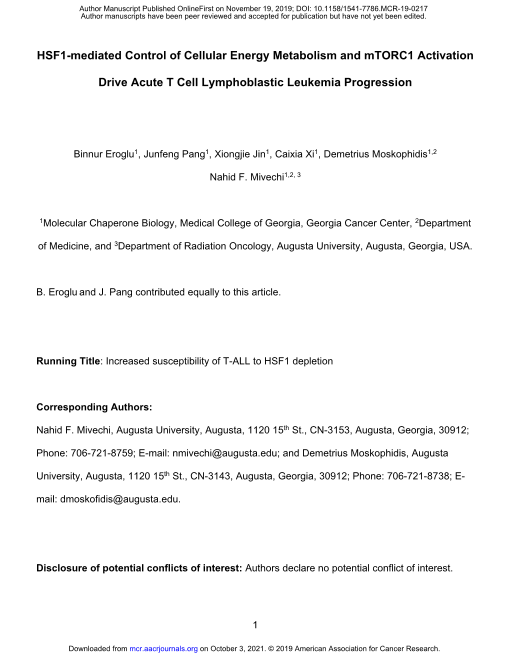 HSF1-Mediated Control of Cellular Energy Metabolism and Mtorc1 Activation