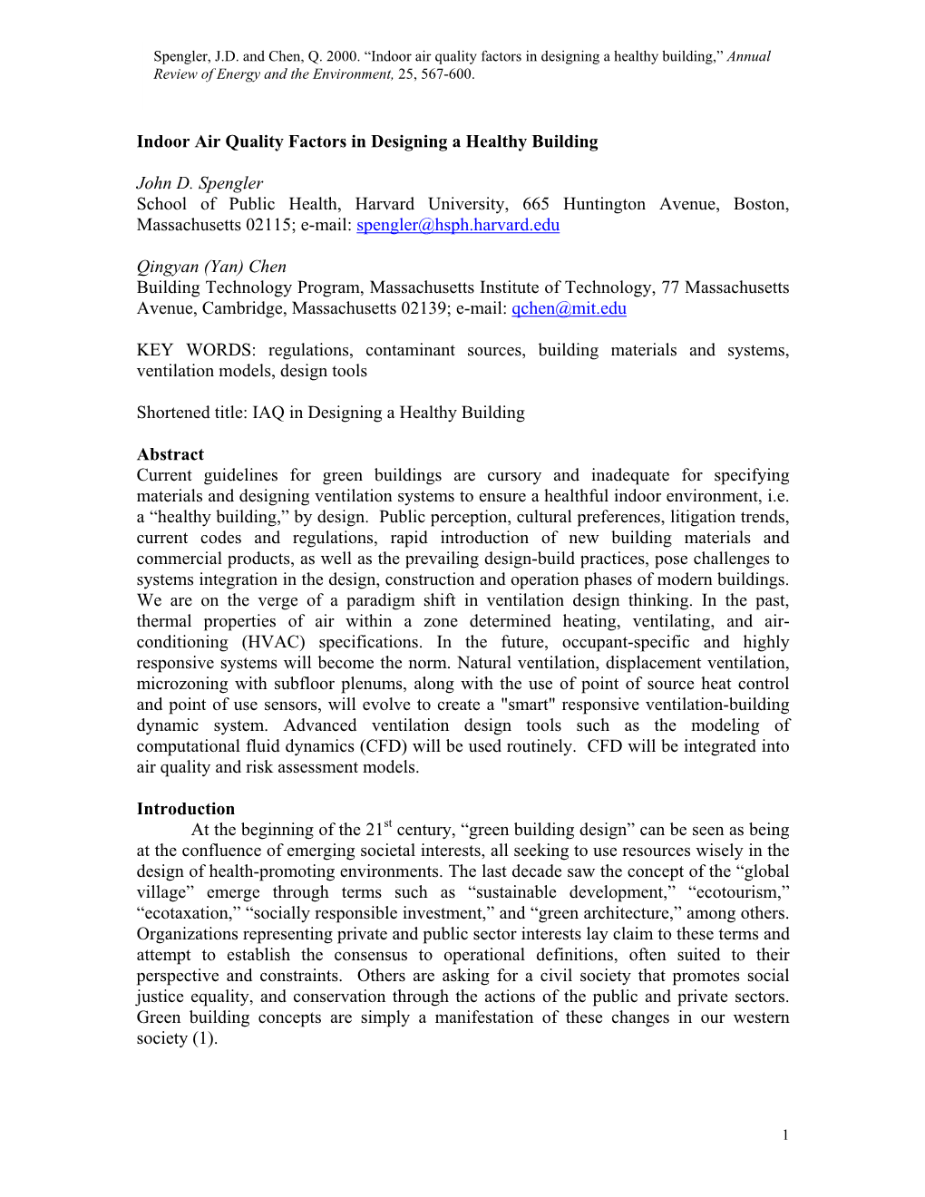 Indoor Air Quality Factors in Designing a Healthy Building,” Annual