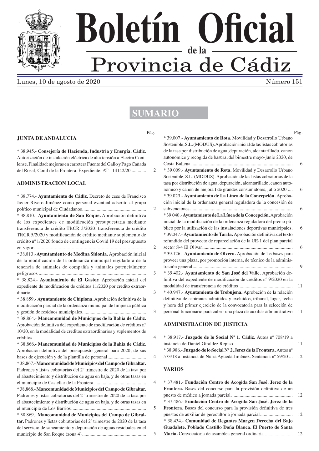 Provincia De Cádiz Lunes, 10 De Agosto De 2020 Número 151