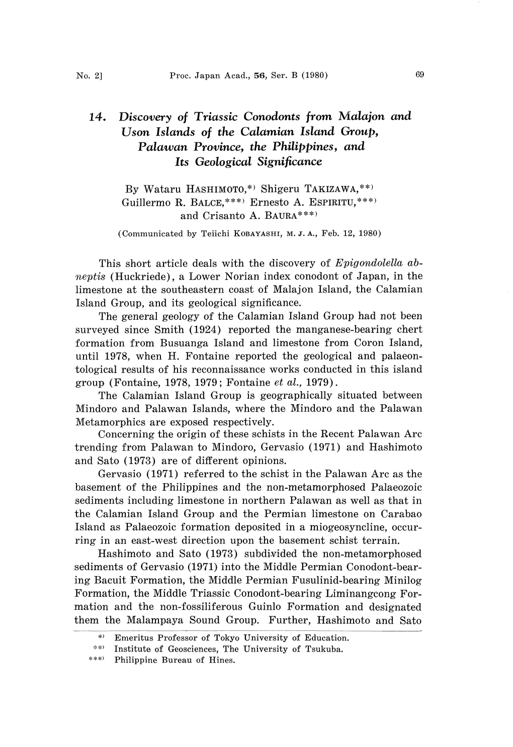 Discovery O F Triassic Conodonts from Uson Islands O F the Calamian