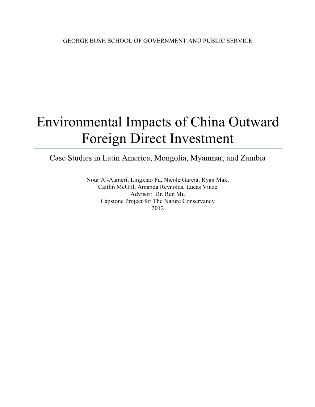 Environmental Impacts of China Outward Foreign Direct Investment