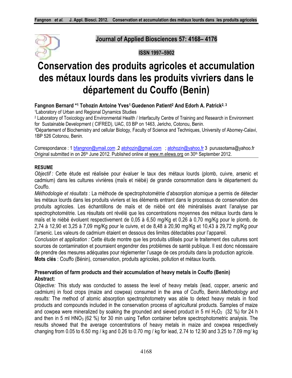 Conservation Des Produits Agricoles Et Accumulation Des Métaux Lourds Dans Les Produits Vivriers Dans Le Département Du Couffo (Benin)