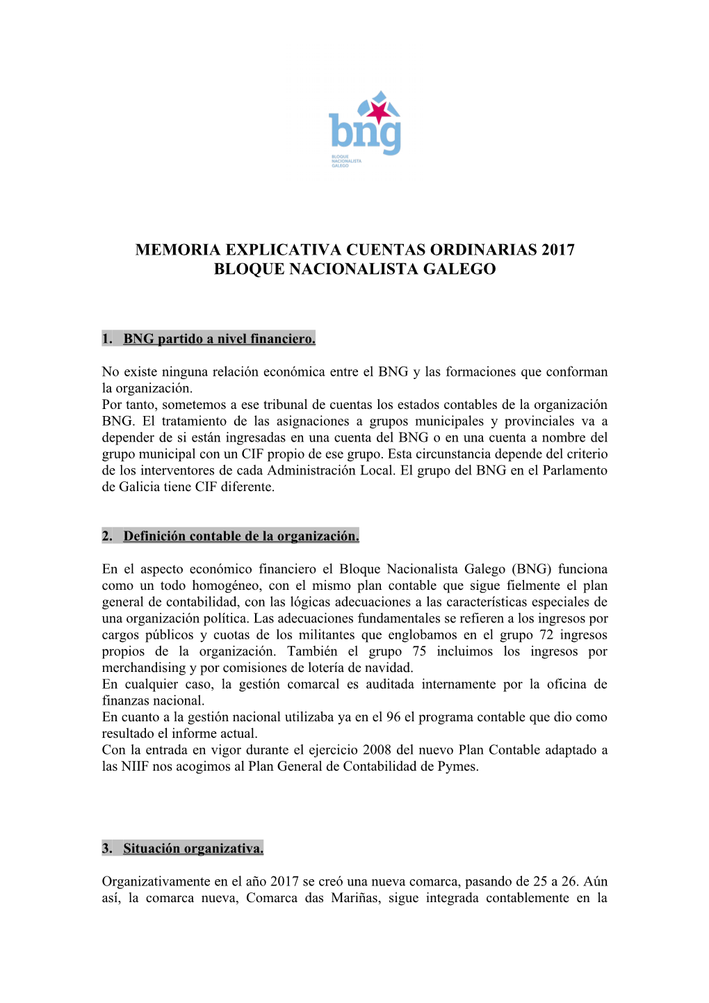 Memoria Explicativa Cuentas Ordinarias 2017 Bloque Nacionalista Galego