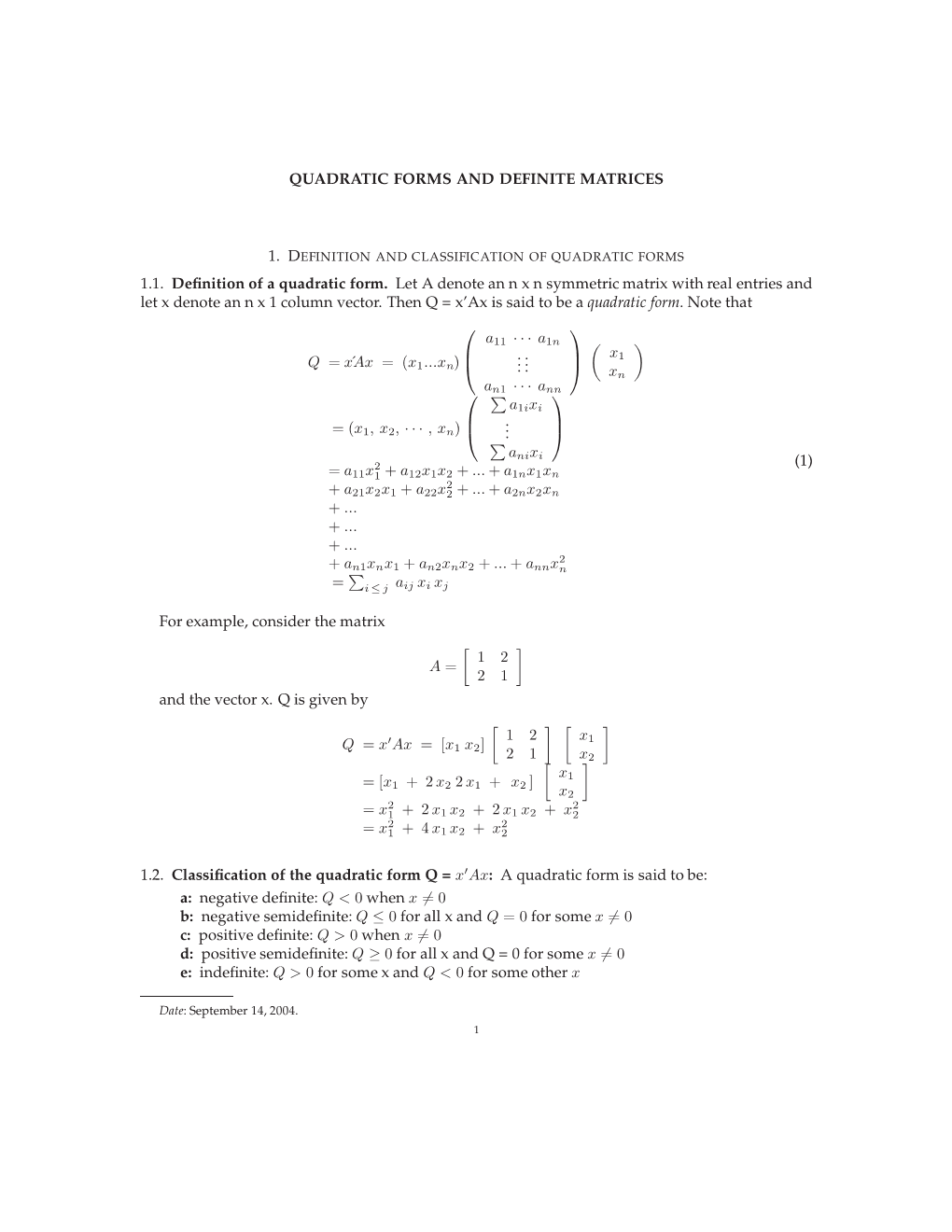 QUADRATIC FORMS and DEFINITE MATRICES 1.1. Definition of A