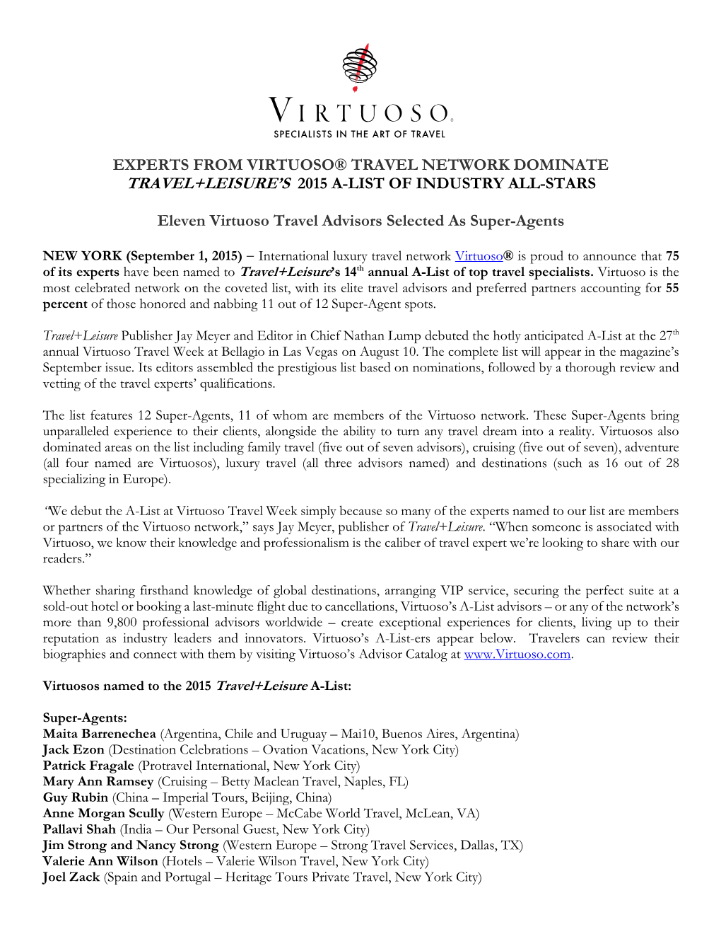 Nominees Named in Virtuoso and Virtuoso Life Magazine's 2Nd Annual “Best of the Best Hotel Awards”