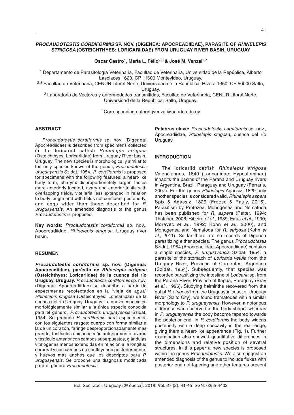 Procaudotestis Cordiformis Sp. Nov. (Digenea: Apocreadiidae), Parasite of Rhinelepis Strigosa (Osteichthyes: Loricariidae) from Uruguay River Basin, Uruguay