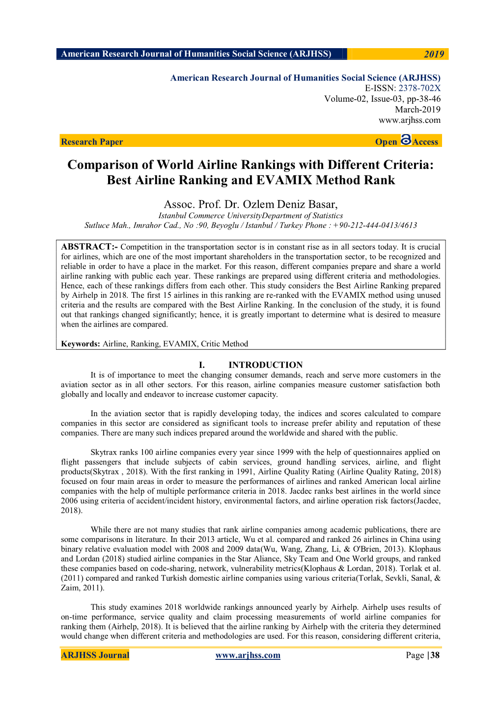 Comparison of World Airline Rankings with Different Criteria: Best Airline Ranking and EVAMIX Method Rank