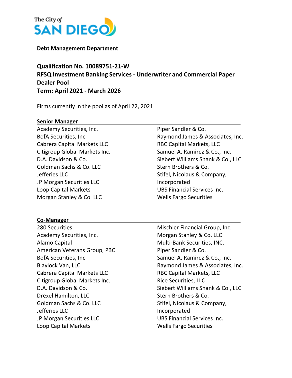 Underwriter and Commercial Paper Dealer Pool Term: April 2021 ‐ March 2026