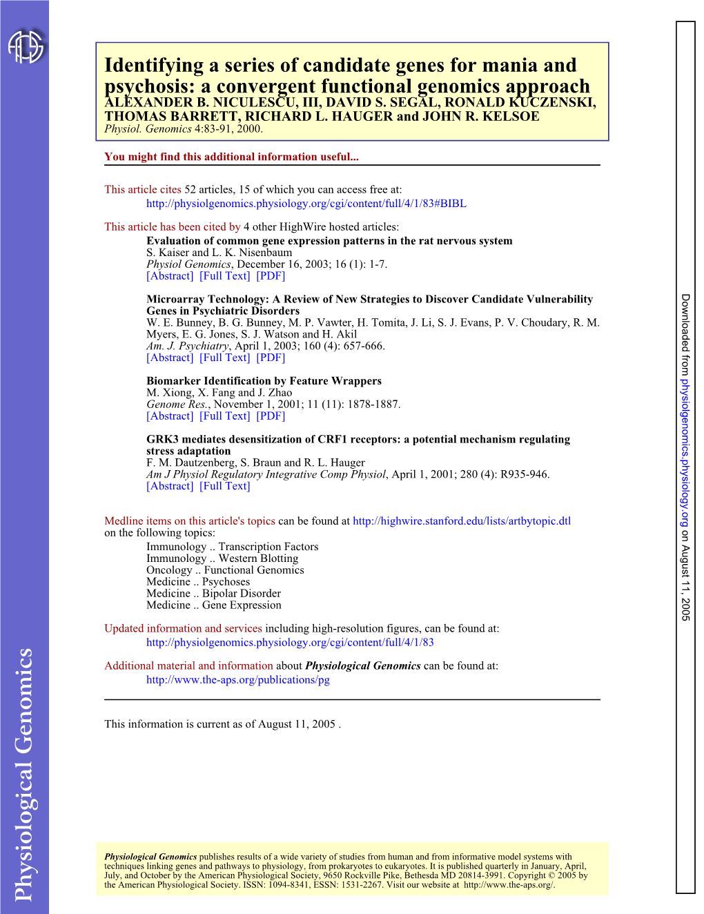 Psychosis: a Convergent Functional Genomics Approach Identifying a Series of Candidate Genes for Mania