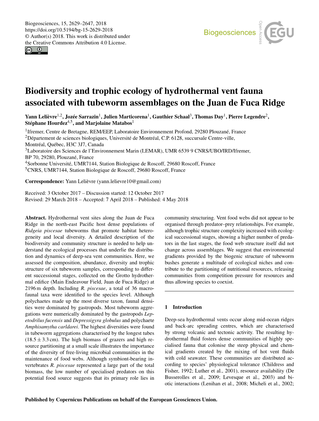 Biodiversity and Trophic Ecology of Hydrothermal Vent Fauna Associated with Tubeworm Assemblages on the Juan De Fuca Ridge