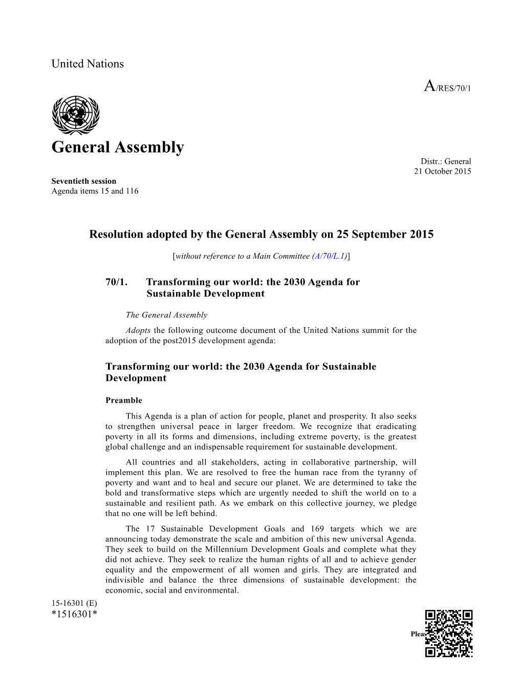 Resolution Adopted by the General Assembly on 25September 2015