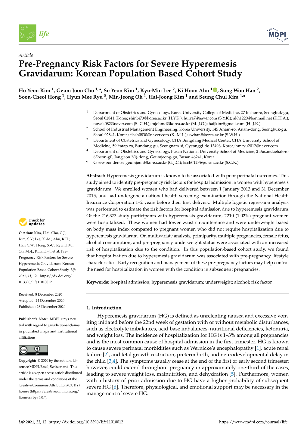 Pre-Pregnancy Risk Factors for Severe Hyperemesis Gravidarum: Korean Population Based Cohort Study