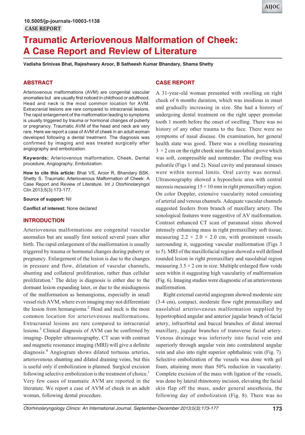 Traumatic Arteriovenous Malformation of Cheek