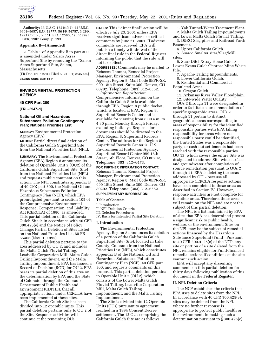 Federal Register/Vol. 66, No. 99/Tuesday, May 22, 2001/Rules