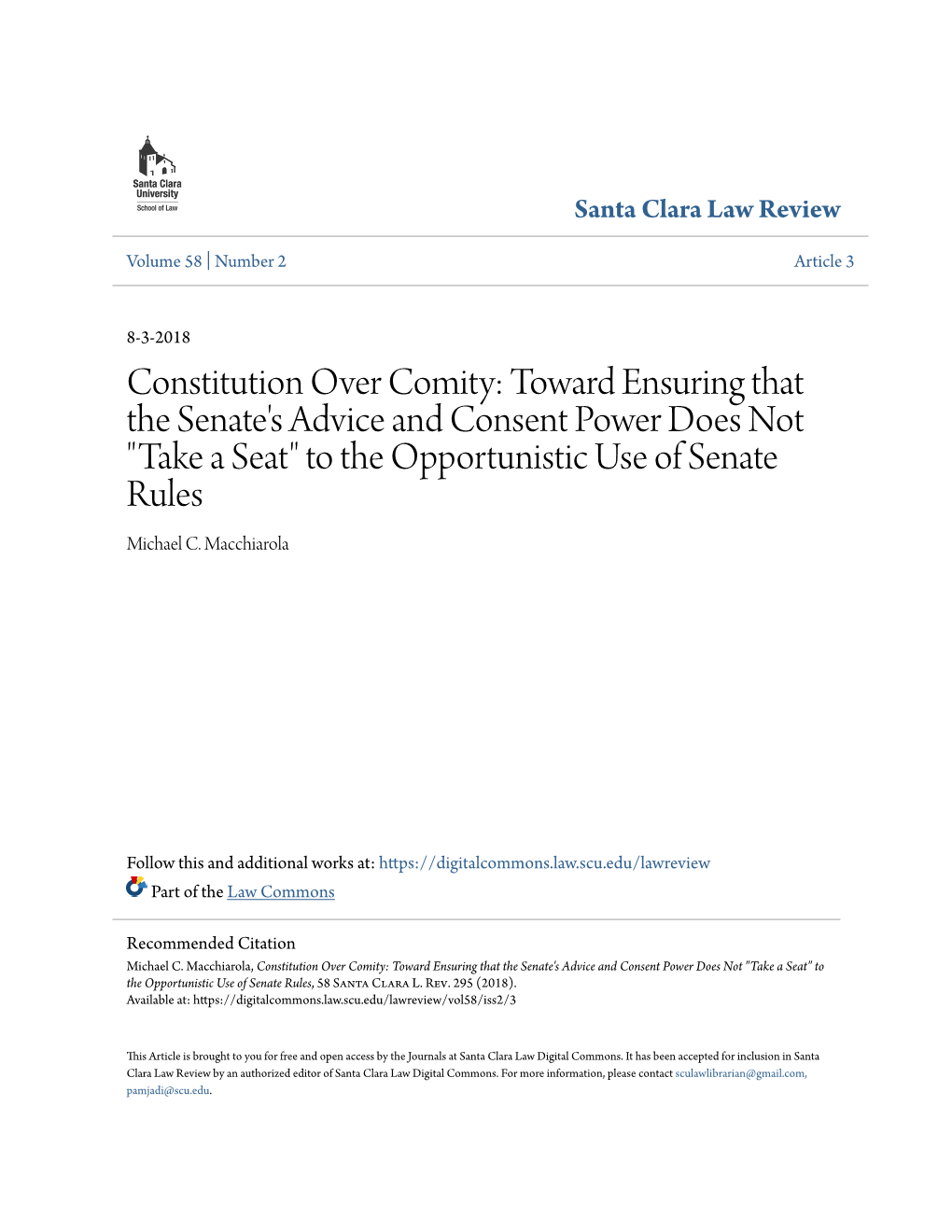 Constitution Over Comity: Toward Ensuring That the Senate's Advice and Consent Power Does Not 