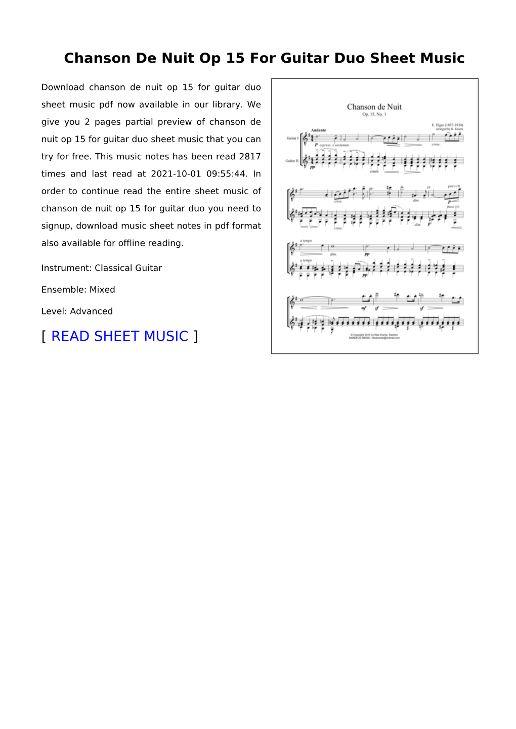 Chanson De Nuit Op 15 for Guitar Duo Sheet Music